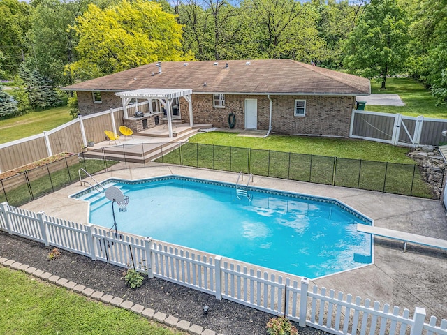 720 Riverside Dr, Constantine, MI 49042 - view of pool with a pergola, a patio area, a gate, and a diving board