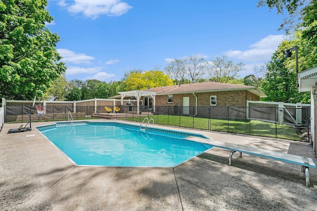720 Riverside Dr, Constantine, MI 49042 - view of pool with a pergola, a patio area, and a diving board
