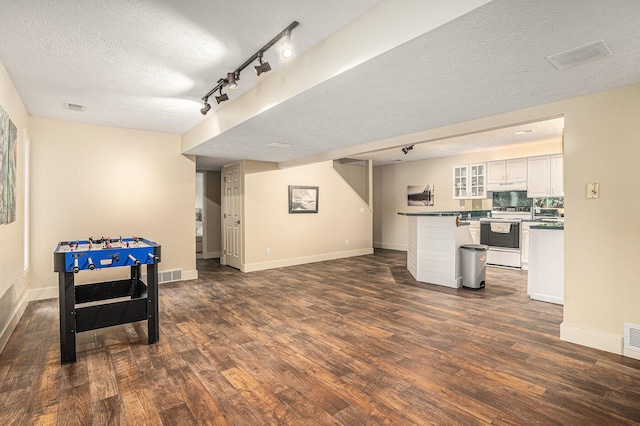 7431 W Buchanan Rd, Shelby, MI 49455 - rec room with a textured ceiling, dark wood-style floors, baseboards, and track lighting