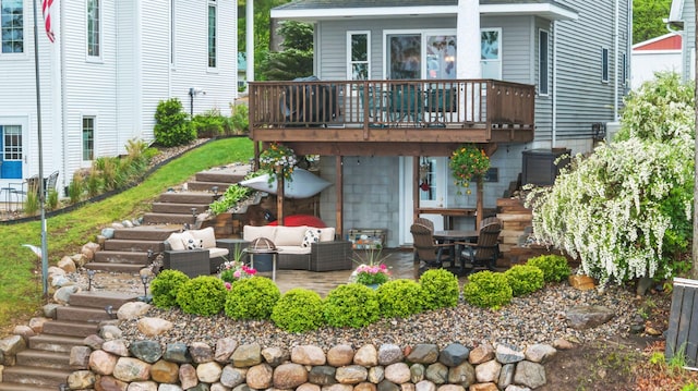 1548 Indian Trl, Pleasant Lake, MI 49272 - rear view of house with an outdoor living space, stairs, a patio, and a wooden deck