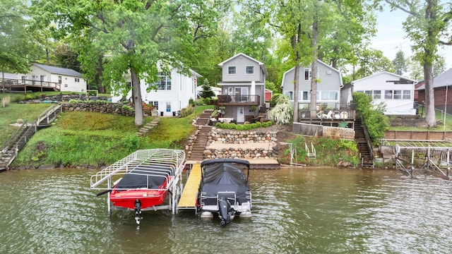 1548 Indian Trl, Pleasant Lake, MI 49272 - dock with stairs, boat lift, and a deck with water view