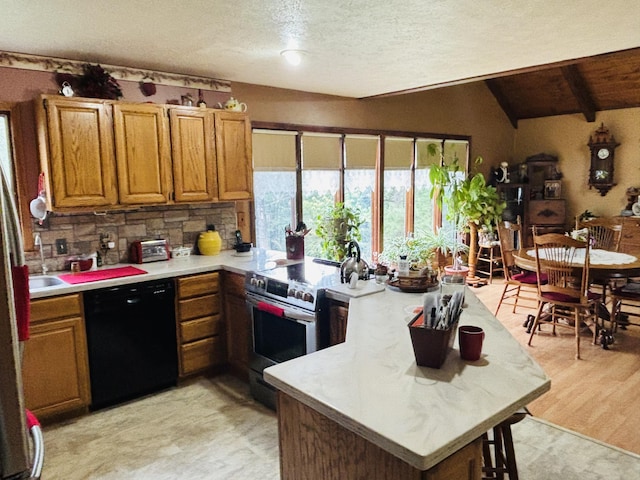 4375 W Haskell Lake Rd, Harrison, MI 48625 - kitchen featuring black dishwasher, electric range, light countertops, a peninsula, and a textured ceiling