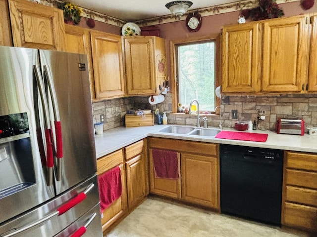 4375 W Haskell Lake Rd, Harrison, MI 48625 - kitchen featuring stainless steel refrigerator with ice dispenser, dishwasher, light countertops, and backsplash