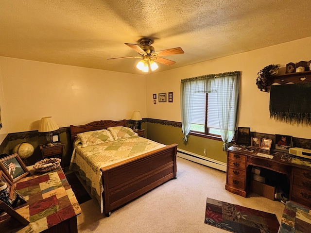 4375 W Haskell Lake Rd, Harrison, MI 48625 - bedroom with baseboard heating, a textured ceiling, light carpet, and a ceiling fan