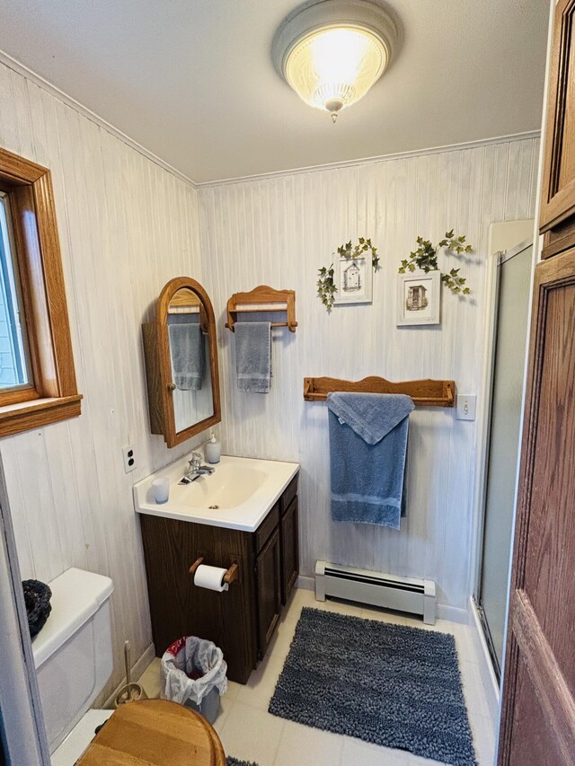4375 W Haskell Lake Rd, Harrison, MI 48625 - bathroom featuring a baseboard heating unit, a shower stall, vanity, and wooden walls