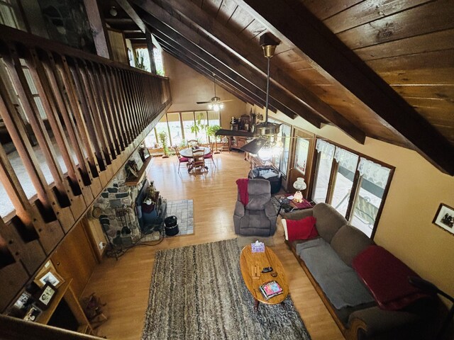 4375 W Haskell Lake Rd, Harrison, MI 48625 - living room with ceiling fan, wood finished floors, and wood ceiling