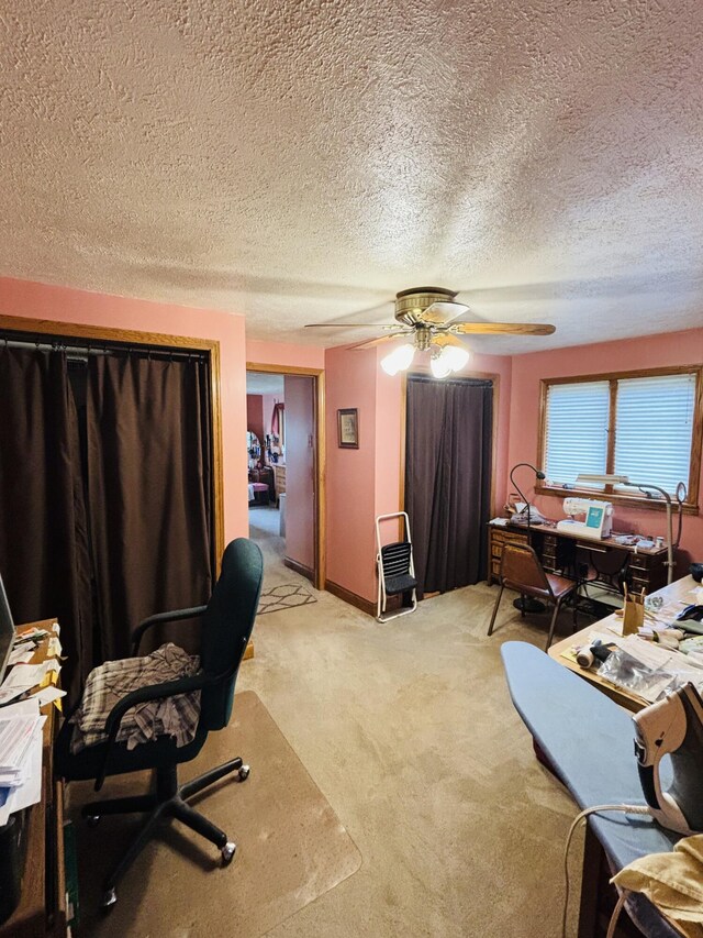 4375 W Haskell Lake Rd, Harrison, MI 48625 - office area with a textured ceiling, light colored carpet, and ceiling fan