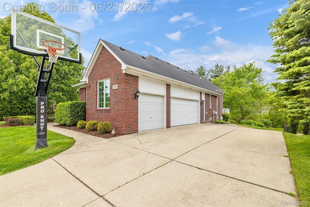 55161 Whitney Dr, Shelby Twp, MI 48315 - view of side of home with brick siding, roof with shingles, a lawn, driveway, and an attached garage