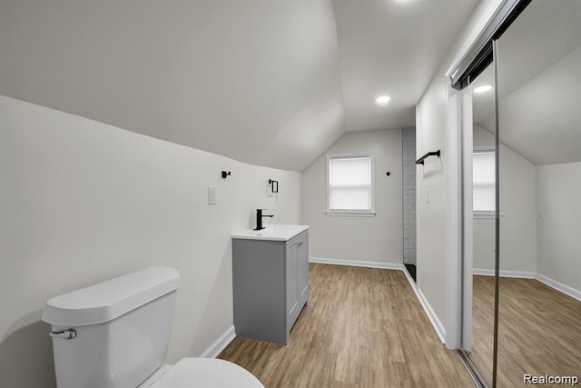 14850 Ilene St, Detroit, MI 48238 - bathroom featuring toilet, vaulted ceiling, vanity, wood finished floors, and baseboards