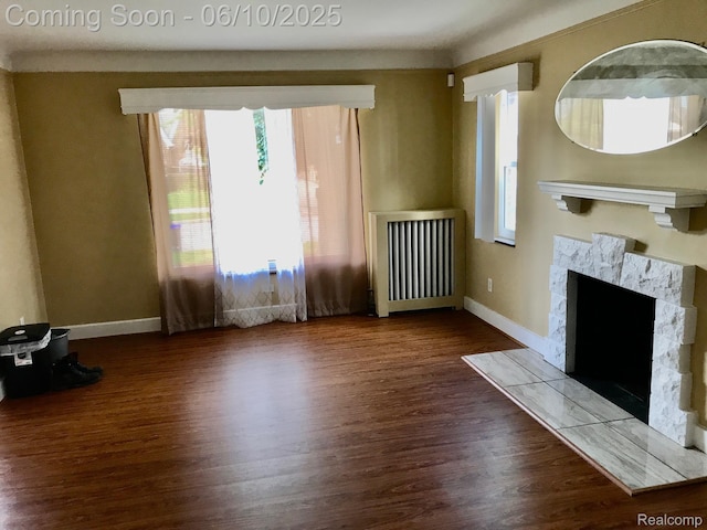 5782 Haverhill St, Detroit, MI 48224 - unfurnished living room featuring radiator, plenty of natural light, and wood finished floors