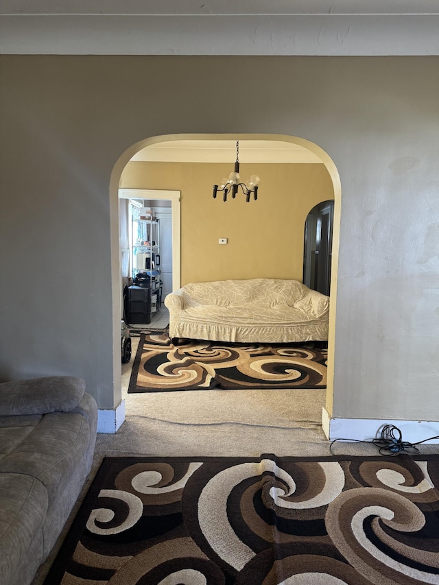 4649 Jonathon St, Dearborn, MI 48126 - bedroom with arched walkways, a chandelier, and carpet