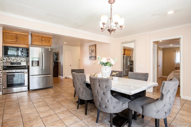 2263 Lawnel Ave, Norton Shores, MI 49441 - dining room featuring light tile patterned floors, a chandelier, ornamental molding, recessed lighting, and baseboards