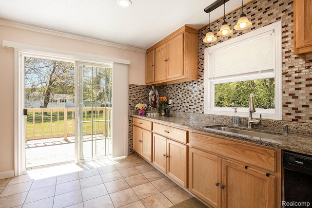 2263 Lawnel Ave, Norton Shores, MI 49441 - kitchen featuring a sink, black dishwasher, plenty of natural light, light tile patterned floors, and ornamental molding