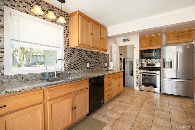 2263 Lawnel Ave, Norton Shores, MI 49441 - kitchen featuring black appliances, a sink, decorative backsplash, light tile patterned floors, and stone counters