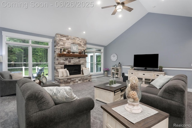800 Greystone Dr, Chelsea, MI 48118 - carpeted living area featuring a ceiling fan, a fireplace, recessed lighting, and high vaulted ceiling