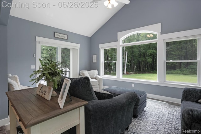 800 Greystone Dr, Chelsea, MI 48118 - living room featuring high vaulted ceiling and a ceiling fan