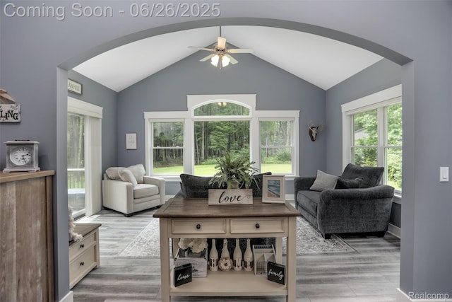 800 Greystone Dr, Chelsea, MI 48118 - living room featuring arched walkways, wood finished floors, a ceiling fan, and lofted ceiling