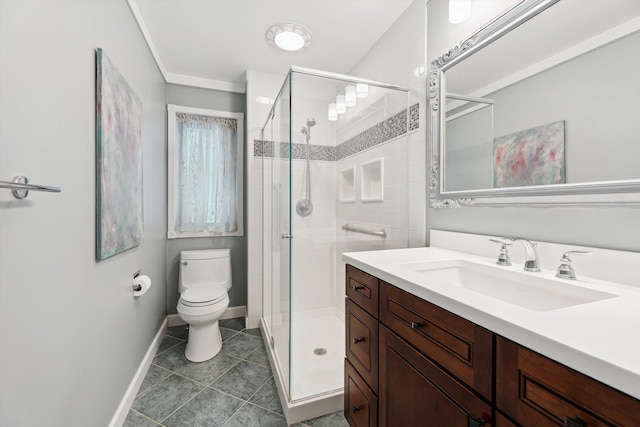 16350 Whitaker Rd, Linden, MI 48451 - bathroom featuring vanity, a stall shower, toilet, baseboards, and tile patterned flooring
