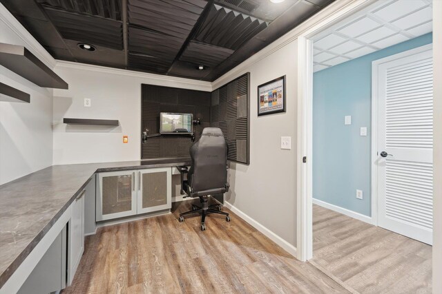 16350 Whitaker Rd, Linden, MI 48451 - office area featuring light wood finished floors, baseboards, and ornamental molding