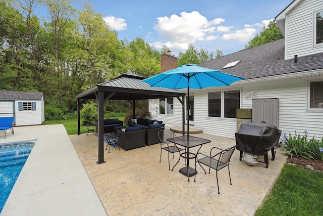 16350 Whitaker Rd, Linden, MI 48451 - view of patio / terrace with an outdoor living space, area for grilling, a gazebo, and an outdoor pool