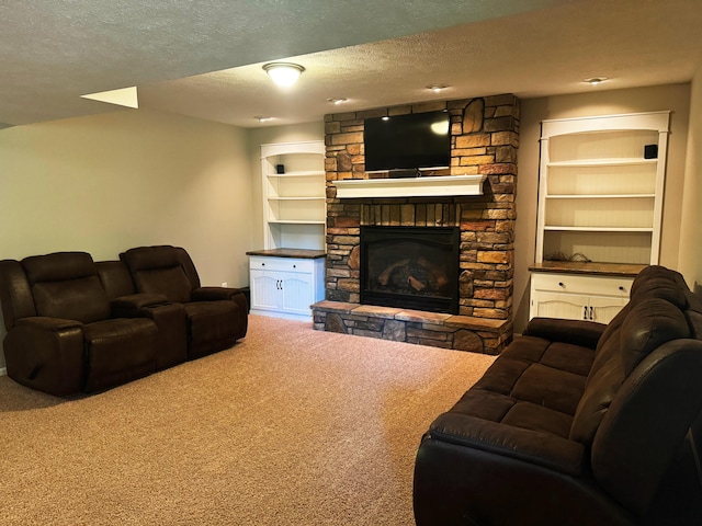 11775 Crystal Ridge Dr NE, Sparta, MI 49345 - living area with carpet, a textured ceiling, a fireplace, and built in features