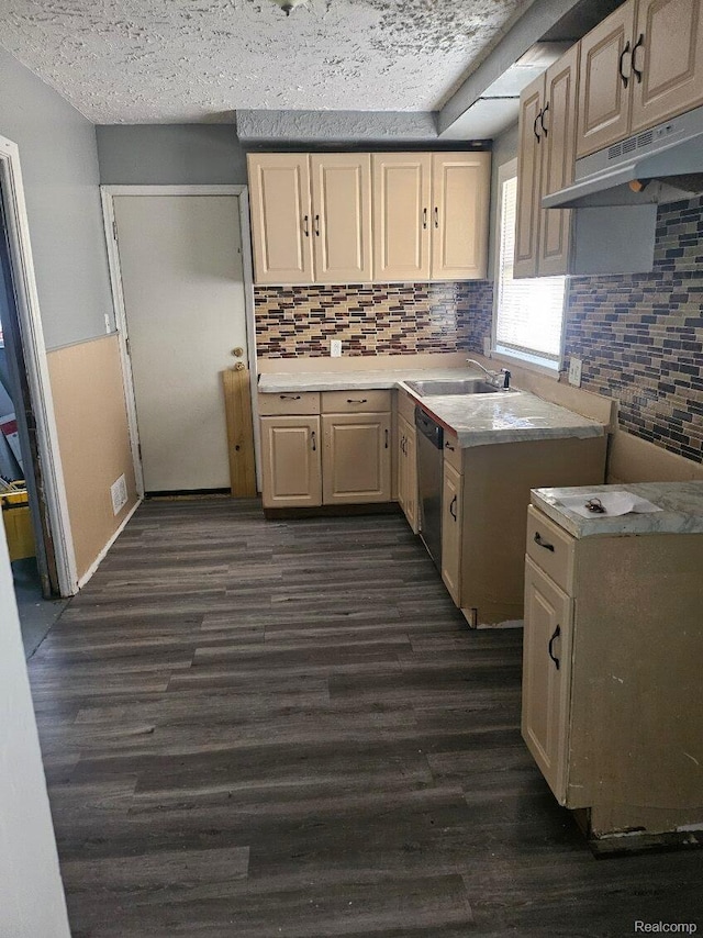 28632 Hazelwood St, Detroit, MI 48141 - kitchen with a sink, under cabinet range hood, stainless steel dishwasher, and backsplash