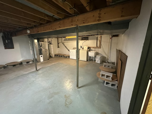 388 Richard St, Spring Arbor, MI 49283 - unfinished basement featuring heating unit, electric panel, a sink, and washer and dryer
