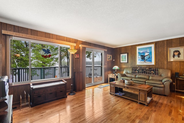 11676 Bradley Dr, Jerome, MI 49249 - living area with wood walls, crown molding, a textured ceiling, and light wood-style flooring