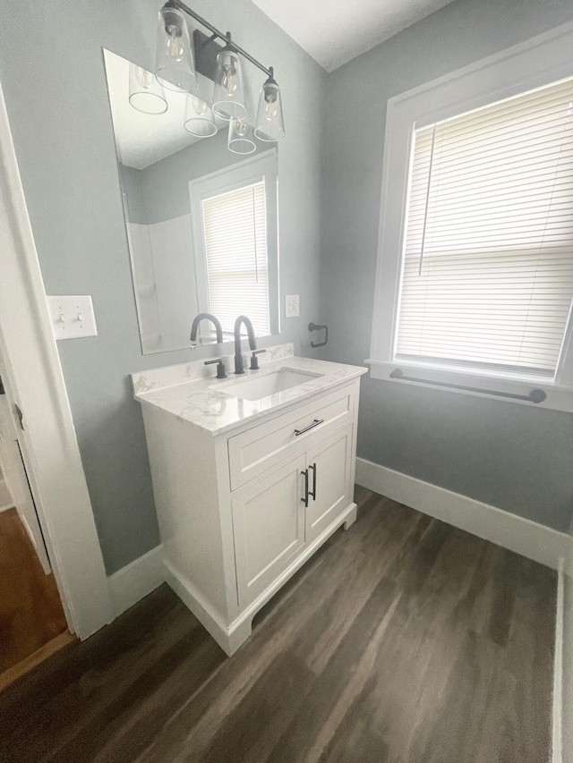 1007 Alto Ave SE, Grand Rapids, MI 49507 - bathroom featuring wood finished floors, vanity, baseboards, and plenty of natural light