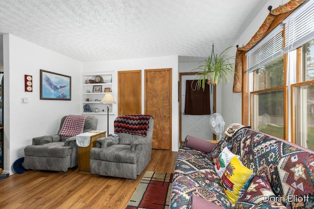 604/606 N New Dexter St, Ionia, MI 48846 - living room with a textured ceiling, light wood-style flooring, and built in features