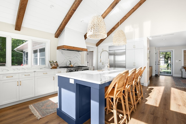 67881 Edgewater Beach Rd, White Pigeon, MI 49099 - kitchen featuring stainless steel built in refrigerator, light stone countertops, a sink, beamed ceiling, and white cabinets