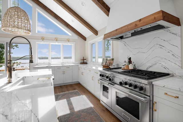 67881 Edgewater Beach Rd, White Pigeon, MI 49099 - kitchen featuring double oven range, custom range hood, beamed ceiling, light stone countertops, and white cabinets