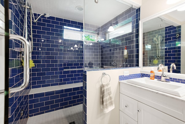 67881 Edgewater Beach Rd, White Pigeon, MI 49099 - full bathroom featuring tile walls, walk in shower, and vanity