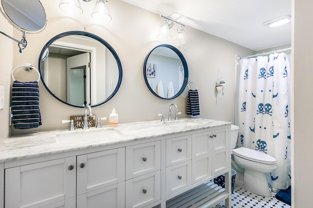 67881 Edgewater Beach Rd, White Pigeon, MI 49099 - full bathroom featuring toilet, double vanity, curtained shower, and tile patterned floors