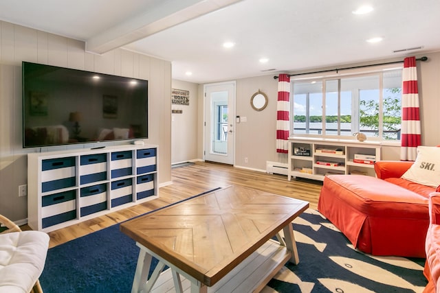 67881 Edgewater Beach Rd, White Pigeon, MI 49099 - living room with wood finished floors, beamed ceiling, plenty of natural light, a baseboard radiator, and recessed lighting