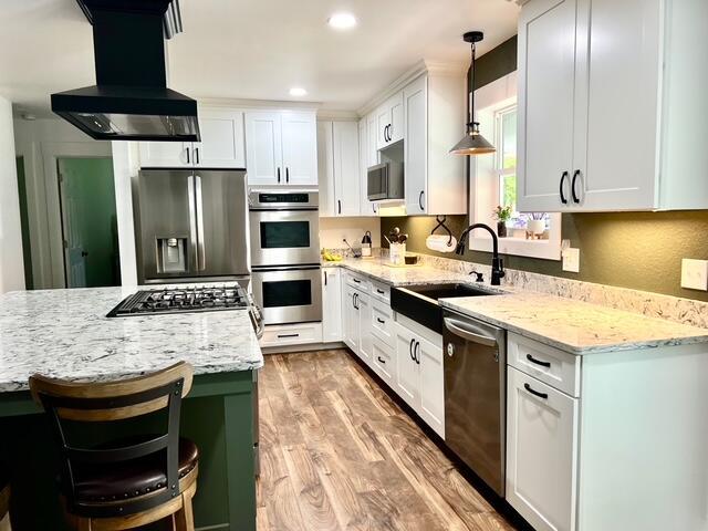 2985 Middle Lake Rd, Twin Lake, MI 49457 - kitchen with stainless steel appliances, a sink, island exhaust hood, light stone counters, and recessed lighting