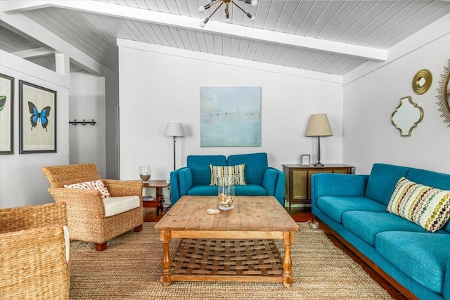 14438 Spring Creek Dr, New Buffalo, MI 49117 - living room with wood ceiling with exposed beams