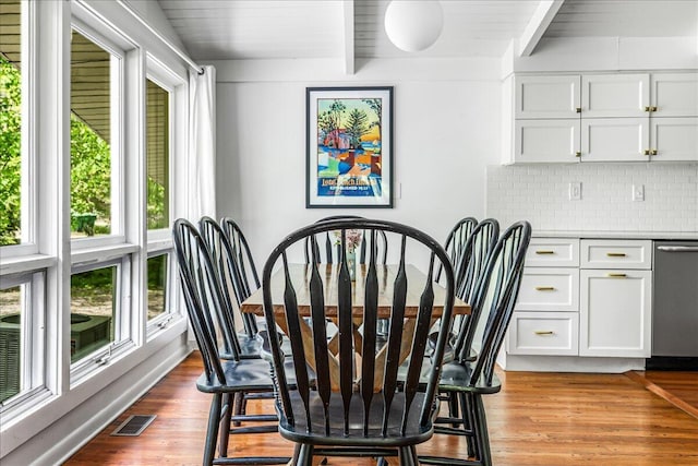 14438 Spring Creek Dr, New Buffalo, MI 49117 - dining area featuring beamed ceiling and light wood-style floors