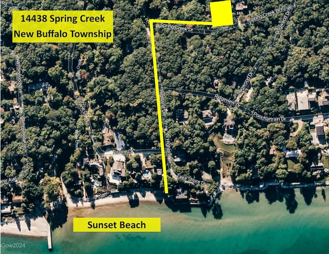 14438 Spring Creek Dr, New Buffalo, MI 49117 - aerial overview of property's location featuring property parcel outlined