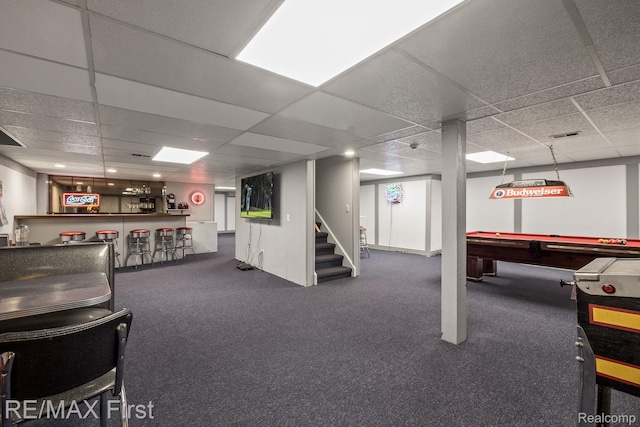 2983 Woodcreek Way, Bloomfield Hills, MI 48304 - game room with a bar, a drop ceiling, carpet flooring, and pool table
