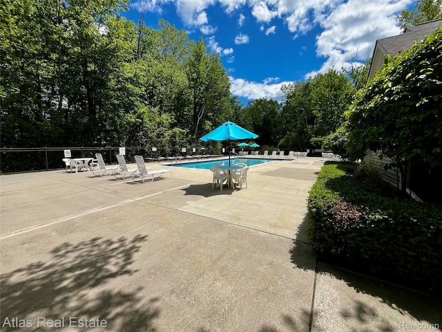 25727 Maritime Cir S, Harrison Township, MI 48045 - community pool with a patio area and view of wooded area