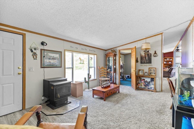 1818 E 58th St, Newaygo, MI 49337 - living area with crown molding, a wood stove, and a textured ceiling