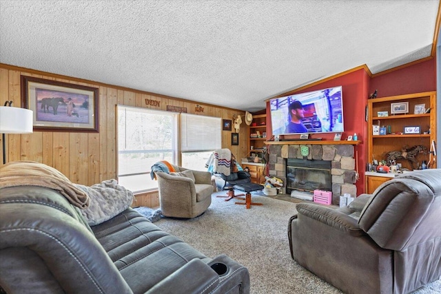 1818 E 58th St, Newaygo, MI 49337 - carpeted living area with wooden walls, a stone fireplace, a textured ceiling, lofted ceiling, and crown molding