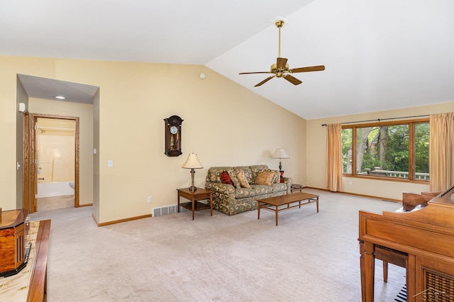 28 Barrington Cir, Saginaw, MI 48603 - living area featuring ceiling fan, lofted ceiling, light colored carpet, and baseboards