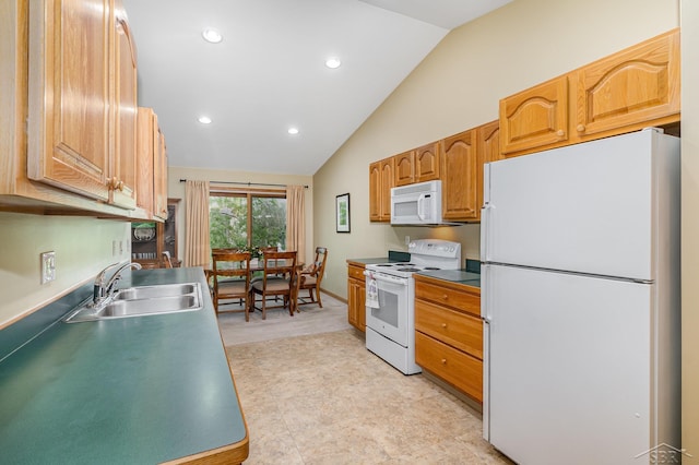 28 Barrington Cir, Saginaw, MI 48603 - kitchen featuring white appliances, a sink, vaulted ceiling, and recessed lighting