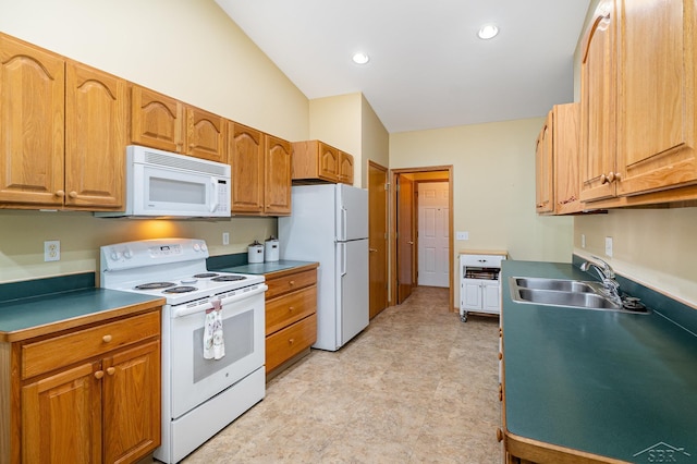 28 Barrington Cir, Saginaw, MI 48603 - kitchen with white appliances, a sink, vaulted ceiling, brown cabinets, and light floors