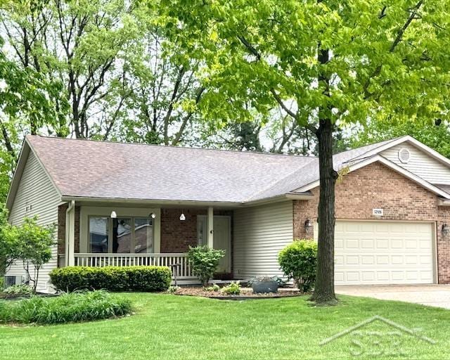 28 Barrington Cir, Saginaw, MI 48603 - ranch-style home featuring a garage, a porch, driveway, a front lawn, and brick siding