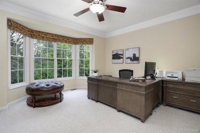 5687 Stonehaven Blvd, Rochester, MI 48306 - office with baseboards, crown molding, a ceiling fan, light colored carpet, and healthy amount of natural light