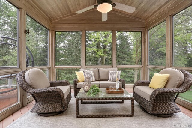 5687 Stonehaven Blvd, Rochester, MI 48306 - sunroom featuring a ceiling fan, lofted ceiling, and outdoor lounge area
