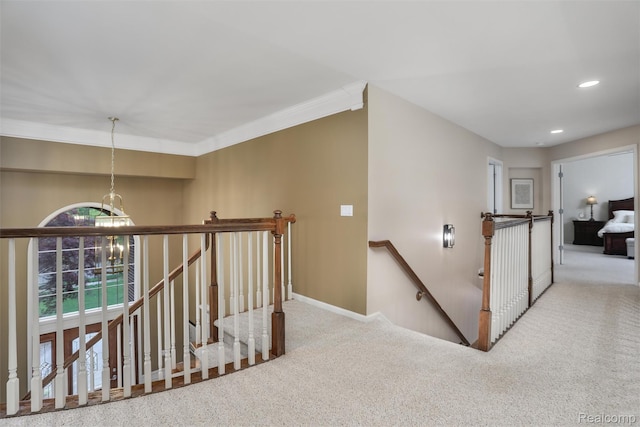 5687 Stonehaven Blvd, Rochester, MI 48306 - hall with an upstairs landing, carpet flooring, baseboards, recessed lighting, and a chandelier